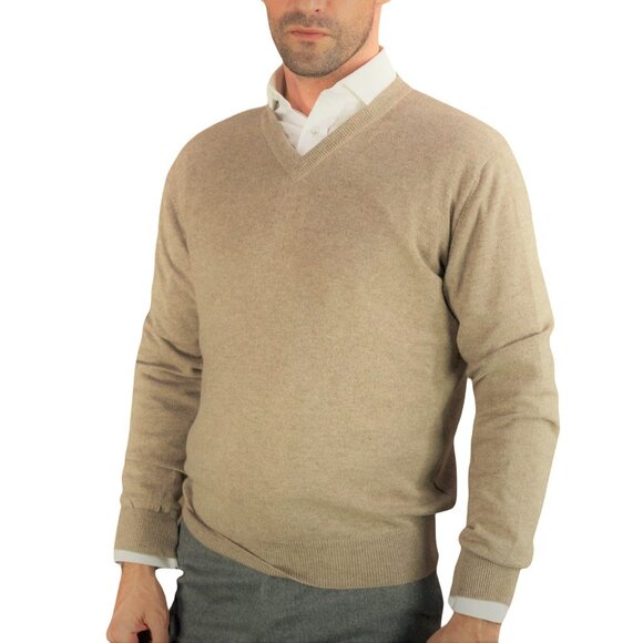 Scotland Cashmere 2-ply Sweater V-neck Pullover Sleeves Tan Men's Small Unisex - Picture 1 of 16